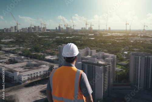 Construction building latino hispanic engineer with safety gear and equipment overlooking Florida city with palm trees made with Generative Ai