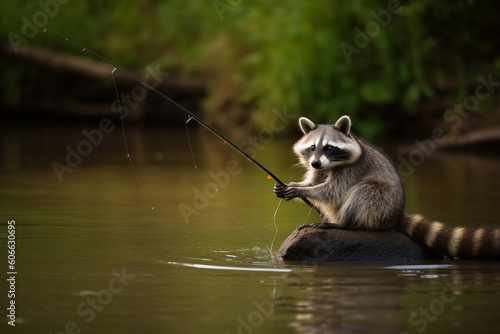 a raccoon fishing in the river