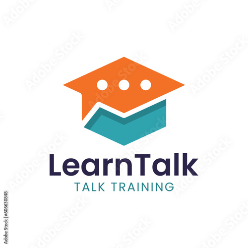 Modern logo combination of graduation cap and conversation. It is suitable for use as a speaking training logo.