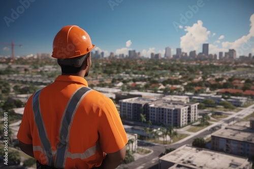 Latino Hispanic Construction Worker in Florida with Orange Safety Vest and Hard Hat with City Views Made with Generative AI