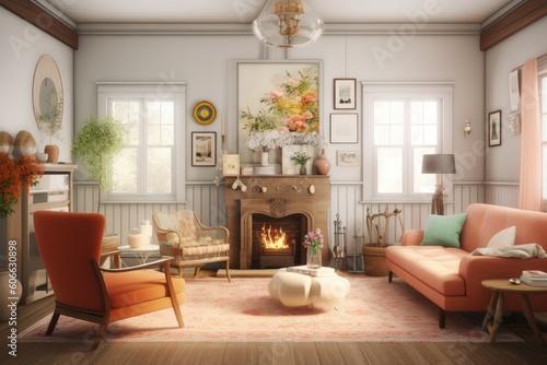 Cute Warm Cottage Modern Interior with Wood Mantle Fireplace and Fun Cute Furniture and Decor Made with Generative AI © Bryan