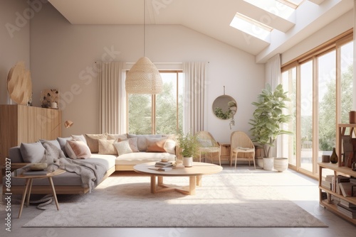 Sunny Light Coastal Living Room Mockup Interior with Straw Pendant Light Made with Generative AI © Bryan