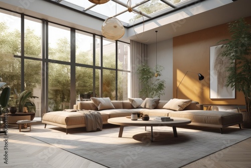 Luxury Modern Architecture Interior of Living Room with Orange Accent Wall and Skylight Ceiling Full of Windows Made with Generative AI © Bryan