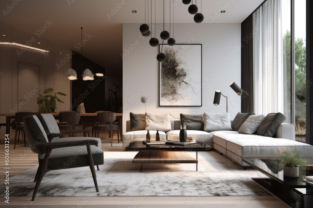 Stylish Chic Modern Living Room with Interior Design and Sofa Couch Made with Generative AI Stylish Chic Modern Living Room with Interior Design and Sofa Couch Made with Generative AI