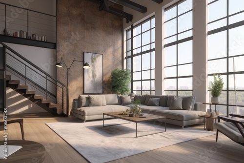 Natural Apartment Loft Luxury Interior with High Ceilings and Exposed Wood Beams Made with Generative AI