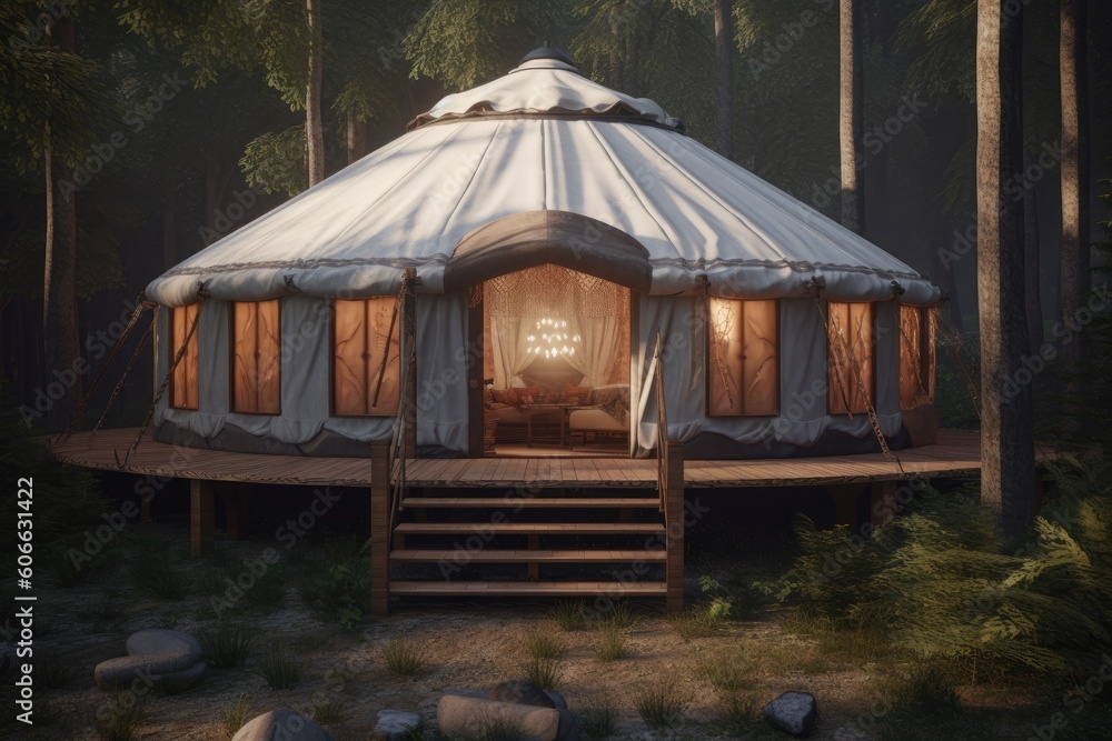 Modern Yurt on Wood Platform in Nature Wilderness Made with Generative AI