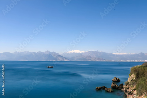 Beautiful sea view of Antalya, with snow-capped mountains in the distance. Turkey.