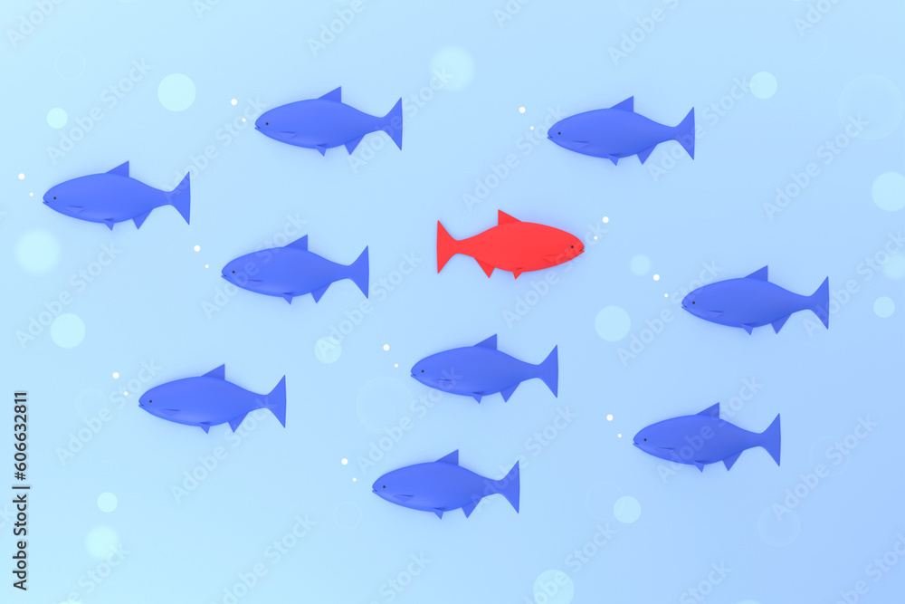 3D image of a red fish running backwards among many blue fish 3D image of a red fish running backwards among many blue fish