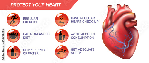 How to take care of your heart health template design vector illustration. regular excercise, balanced diet, regular check up, stay hydrated, avoid alcohol consumption, get adequate sleep. photo