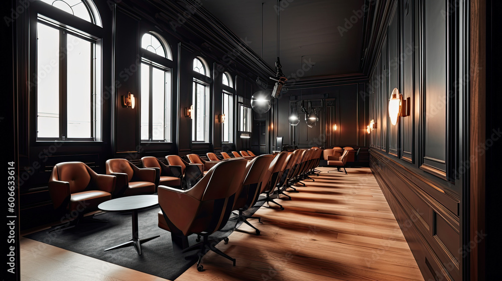 a conference room with chairs and tables in front of large windows looking out onto the cityscaped area. Generative Ai