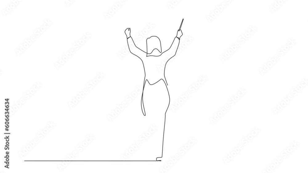 Animated self drawing of continuous line draw back view woman conductor performing on stage, female musician in tuxedo directing classic instrumental symphony orchestra. Full length one line animation Animated self drawing of continuous line draw back view woman conductor performing on stage, female musician in tuxedo directing classic instrumental symphony orchestra. Full length one line animation