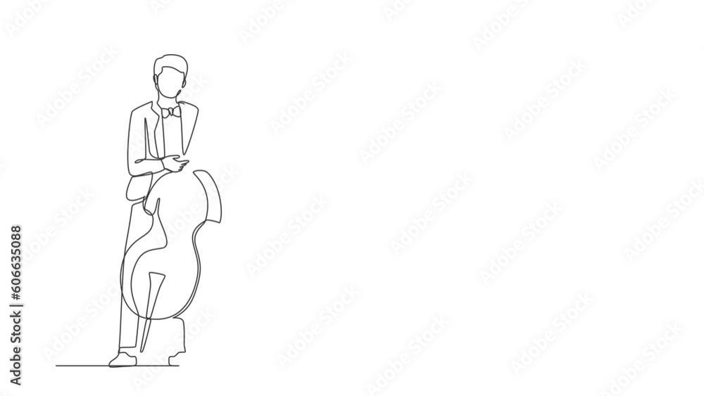 Animated self drawing of continuous line draw double bass player standing with big string. Musician playing classical music with fingers. Professional contrabassist. Full length single line animation Animated self drawing of continuous line draw double bass player standing with big string. Musician playing classical music with fingers. Professional contrabassist. Full length single line animation