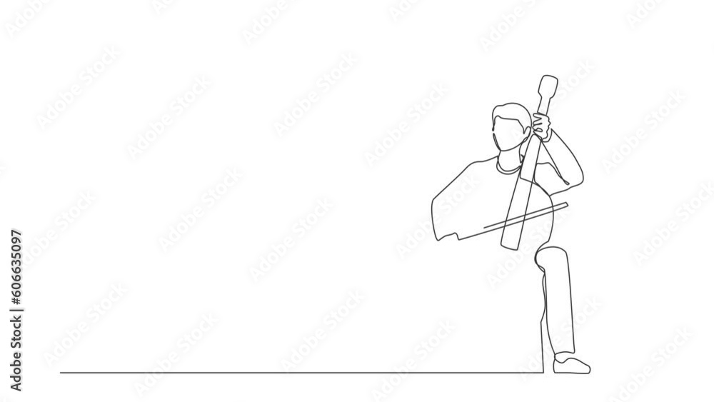 Self drawing animation of single line draw male performer playing on contrabass. Cellist man playing cello, musician playing classical music instrument. Continuous line draw. Full length animated Self drawing animation of single line draw male performer playing on contrabass. Cellist man playing cello, musician playing classical music instrument. Continuous line draw. Full length animated