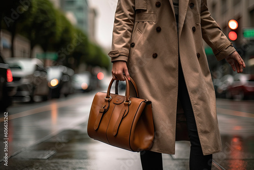 a woman walking down the street with her hand in her pocket, holding a brown purse and wearing a trench coat. Generative Ai photo