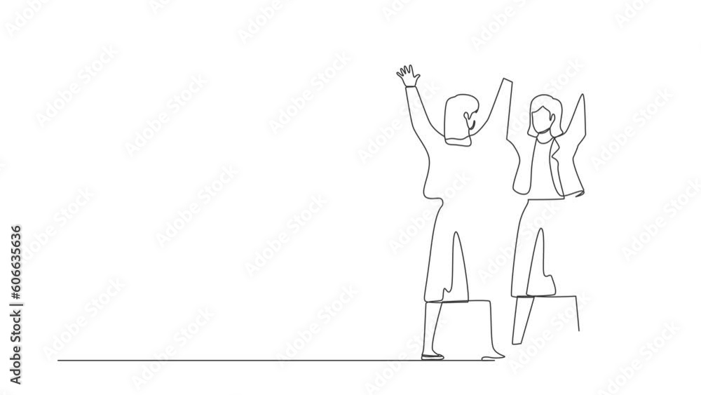 Animated self drawing of continuous one line draw businesswoman look in mirror with raised hands. Reflection in mirror. High self esteem psychology. Victory, success. Full length single line animation Animated self drawing of continuous one line draw businesswoman look in mirror with raised hands. Reflection in mirror. High self esteem psychology. Victory, success. Full length single line animation