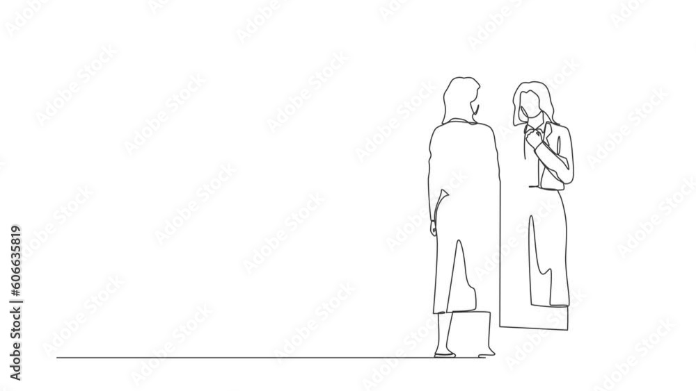 Animated self drawing of continuous line draw businesswoman adjusting blazer in front of mirror. Woman checking appearance in mirror. Manager looking herself in mirror. Full length one line animation Animated self drawing of continuous line draw businesswoman adjusting blazer in front of mirror. Woman checking appearance in mirror. Manager looking herself in mirror. Full length one line animation