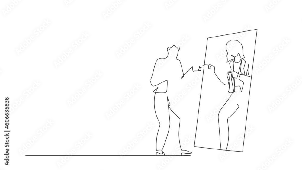 Animated self drawing of continuous line draw businesswoman looks at mirror. Woman self reflection. Narcissism and vanity. Look selfishness, narcissistic, admiring. Full length one line animation Animated self drawing of continuous line draw businesswoman looks at mirror. Woman self reflection. Narcissism and vanity. Look selfishness, narcissistic, admiring. Full length one line animation