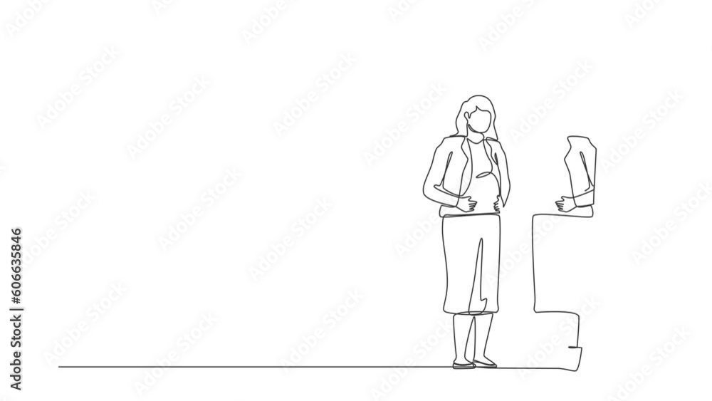 Animated self drawing of continuous line draw businesswoman standing in front of mirror, see herself getting big belly with holding stomach. Oversized and obesity. Full length single line animation Animated self drawing of continuous line draw businesswoman standing in front of mirror, see herself getting big belly with holding stomach. Oversized and obesity. Full length single line animation
