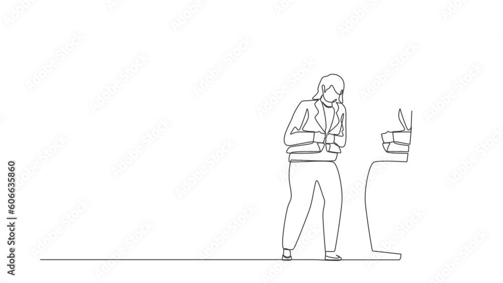 Self drawing animation of single line draw businesswoman looking at mirror, adjusting her shirt button of formal wear blazer, prepare herself for working. Continuous line draw. Full length animated Self drawing animation of single line draw businesswoman looking at mirror, adjusting her shirt button of formal wear blazer, prepare herself for working. Continuous line draw. Full length animated