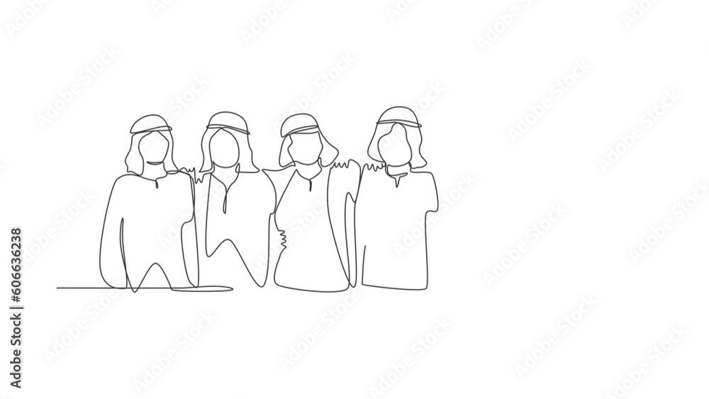 Self drawing animation of single line draw group of Arabian men are hugging. Together. Happy friendship day with diverse friends of people hugging together. Continuous line draw. Full length animated Self drawing animation of single line draw group of Arabian men are hugging. Together. Happy friendship day with diverse friends of people hugging together. Continuous line draw. Full length animated