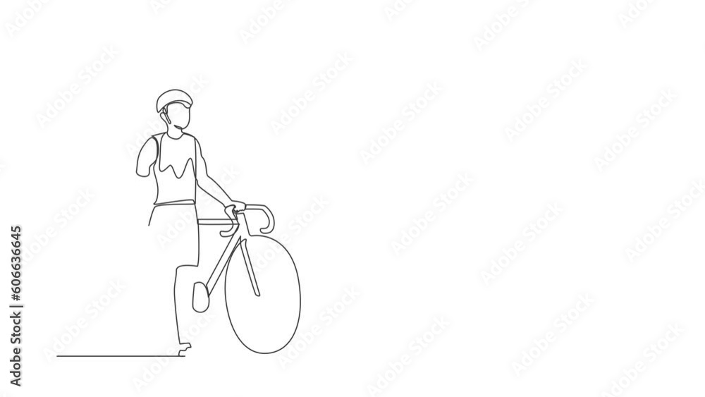 Self drawing animation of single one line draw man with prosthetic leg standing beside his bicycle bike. Disability game. Disabled rehabilitation, recovery. Continuous line draw. Full length animated Self drawing animation of single one line draw man with prosthetic leg standing beside his bicycle bike. Disability game. Disabled rehabilitation, recovery. Continuous line draw. Full length animated