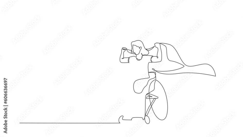 Self drawing animation of single one line draw amputee woman with body injuries raising flag. Disabled athlete sitting on racing wheelchair, disabled sportswoman. Continuous line. Full length animated Self drawing animation of single one line draw amputee woman with body injuries raising flag. Disabled athlete sitting on racing wheelchair, disabled sportswoman. Continuous line. Full length animated