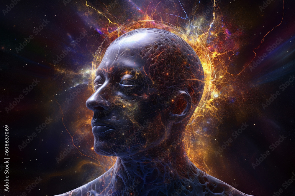 States of mind, meditation, fantasy, sci-fi concept. Abstract portrait illustration of human soul in transcendental space background. Generative AI States of mind, meditation, fantasy, sci-fi concept. Abstract portrait illustration of human soul in transcendental space background. Generative AI