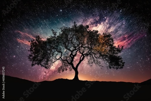 solitary tree standing in a vast field under a starry night sky Generative AI © AkuAku