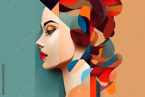 Beauty, fine art, fashion concept. Abstract modern art collage of woman portrait made of various and colorful geometric shapes. Generative AI © Rytis