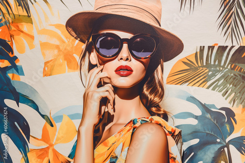 Stylish retro poster with beautiful young lady wearing sunglasses on summer background with newspapers, magazines and palm trees. Fashion pop art woman portrait illustration and collage. Generative AI