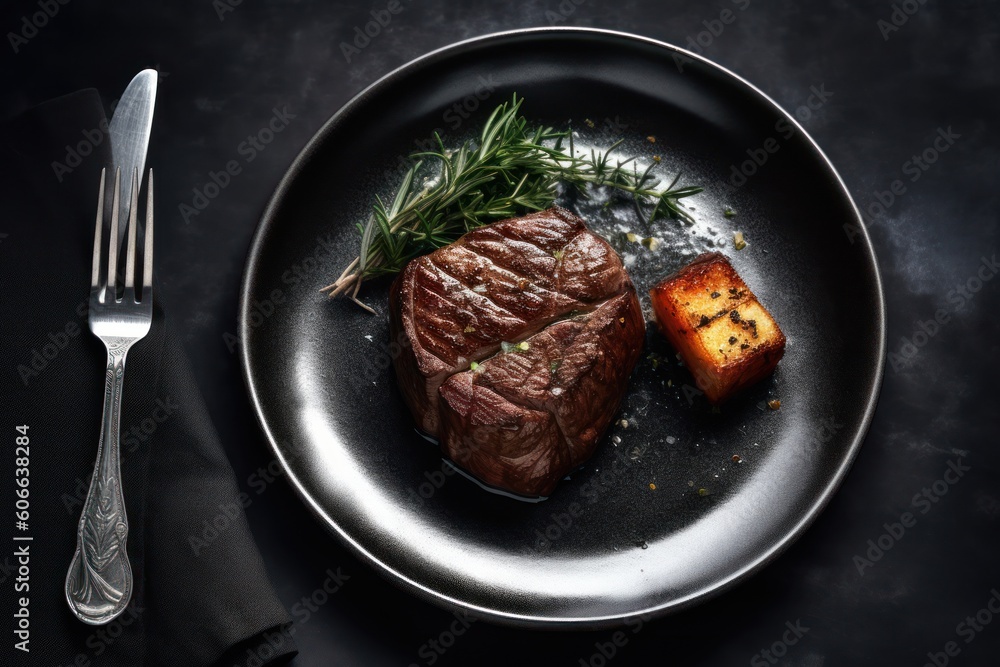 wagyu beef steak Roast in plate with knife and fork Cinematic Editorial Food Photography wagyu beef steak Roast in plate with knife and fork Cinematic Editorial Food Photography