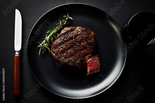 wagyu beef steak Roast in plate with knife and fork Cinematic Editorial Food Photography