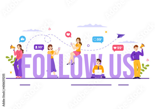 Follow Us and Like Vector Illustration for Internet Advertisement of a Social Media Users Following an Interesting Page in Hand Drawn Templates