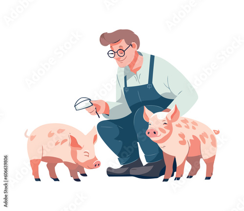 Smiling farmer cooks organic pork for meal
