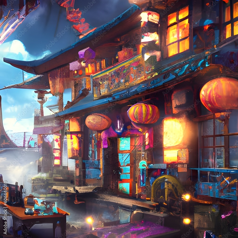 Fototapeta premium Welcome to the Night Cafe, a virtual haven that takes you back to the enchanting world of ancient China