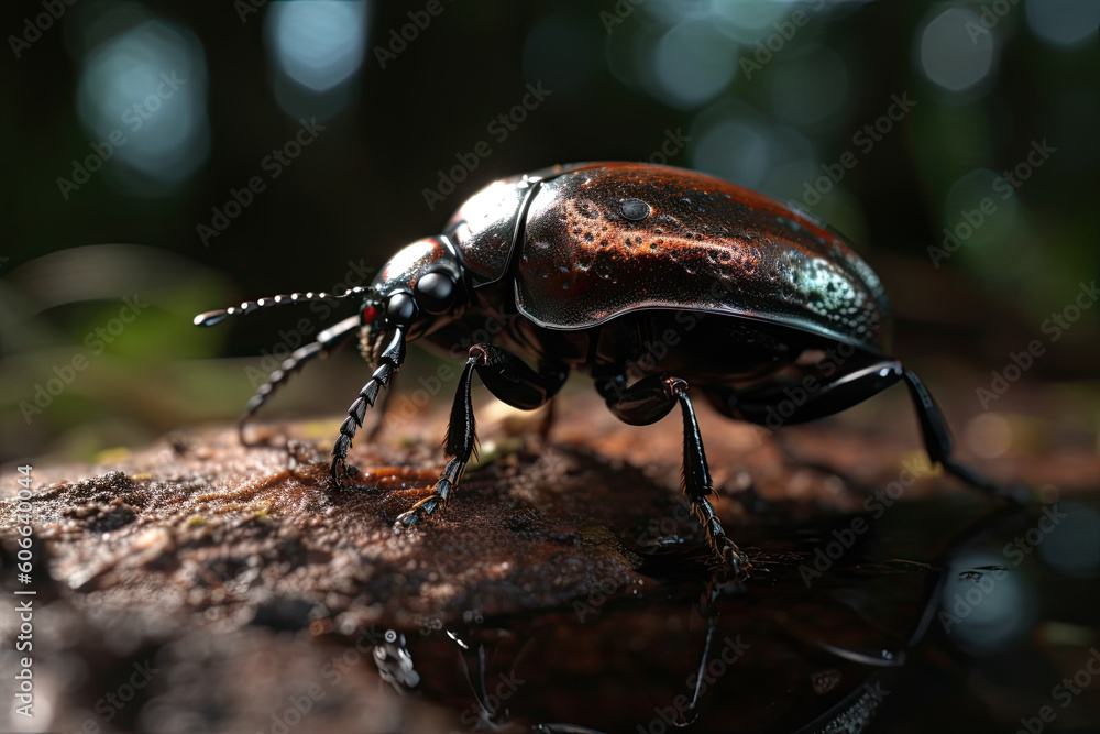 a beetle that is on top of a piece of wood in the image is blurred and blured by the light. Generative Ai a beetle that is on top of a piece of wood in the image is blurred and blured by the light. Generative Ai