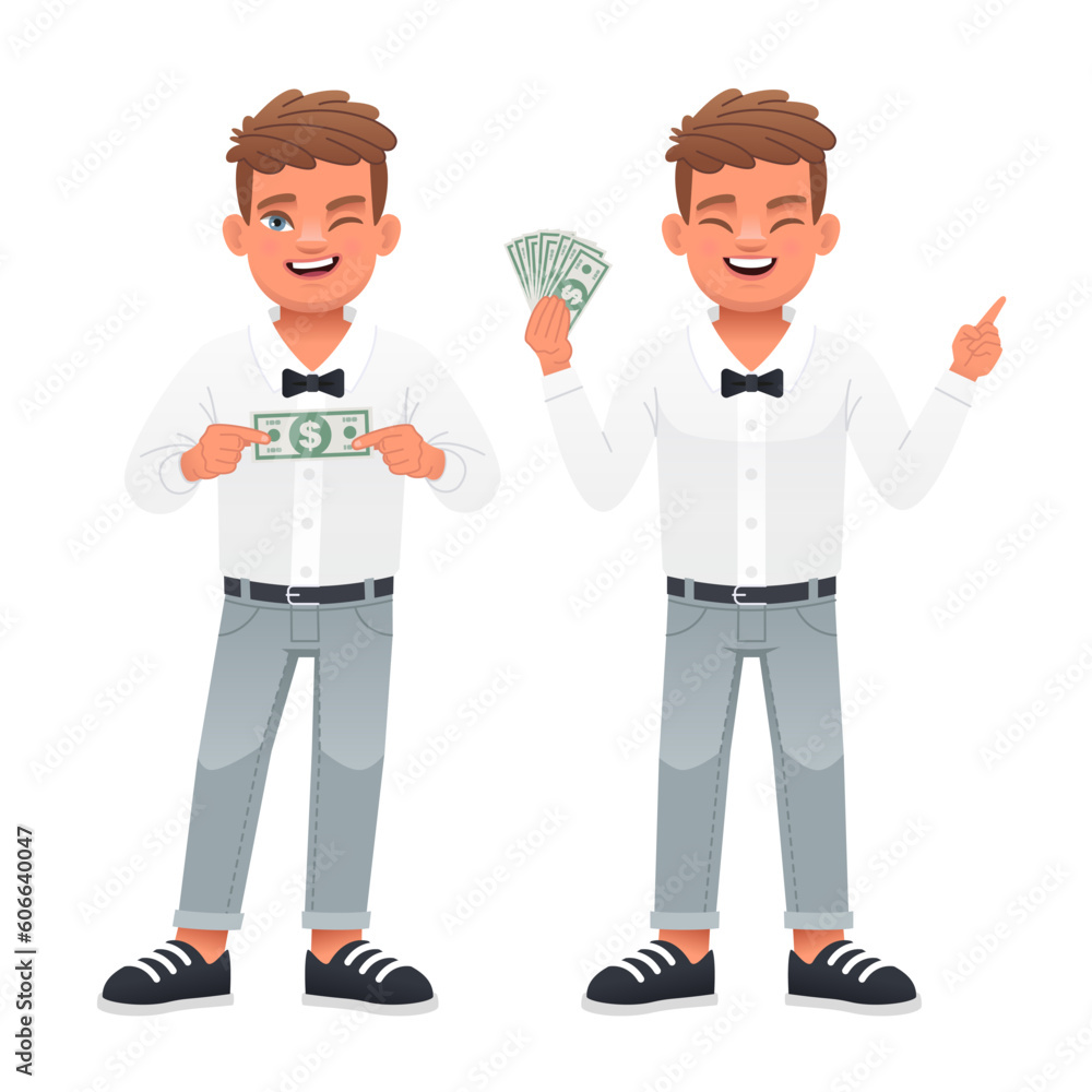 Little businessman. A happy boy holds dollar bills in his hand. A beautiful child in a white shirt with money in his hand