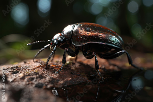 a beetle that is on top of a piece of wood in the image is blurred and blured by the light. Generative Ai © Golib Tolibov