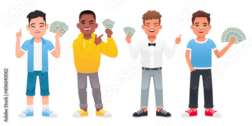 Fototapeta Naklejka Na Ścianę i Meble -  Beautiful children with money in their hands. A set of small businessmen. Four happy boys are holding dollar bills