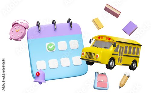 3d calendar with yellow school bus cartoon sign icons, marked date, notification bell, clock, checkmark, accessories, book, bag, hat isolated. back to school 3d render illustration