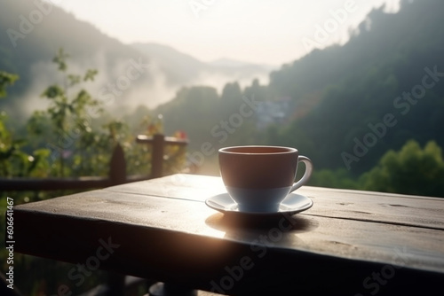 Food, leisure and travel concept. Cup of coffee placed on table in green mountains landscape background background during early morning. Sun illuminating balcony. Generative AI
