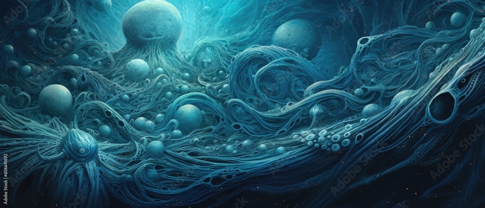 Surreal whirlpool of icy cold blue ocean tsunami swirl of destructive crashing waves swirl, turbulent and dangerous gale force winds storm on a unexplored alien water planet - generative AI 