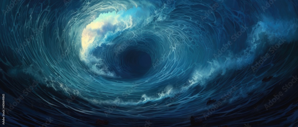 Φωτογραφία Surreal whirlpool of icy cold blue ocean tsunami swirl of destructive crashing w