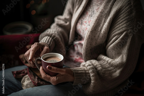 an old woman holding a cup of hot tea in her hands while sitting on a red couch with christmas lights in the background. Generative Ai photo