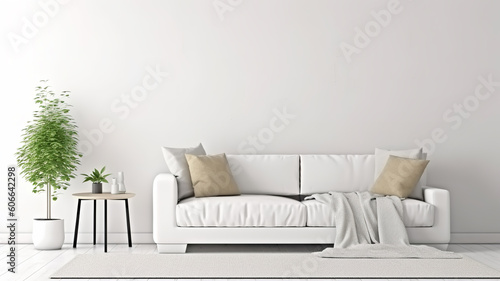 White sofa with empty blank white wall background, good for photo, art frame template on the wall , interior design concept