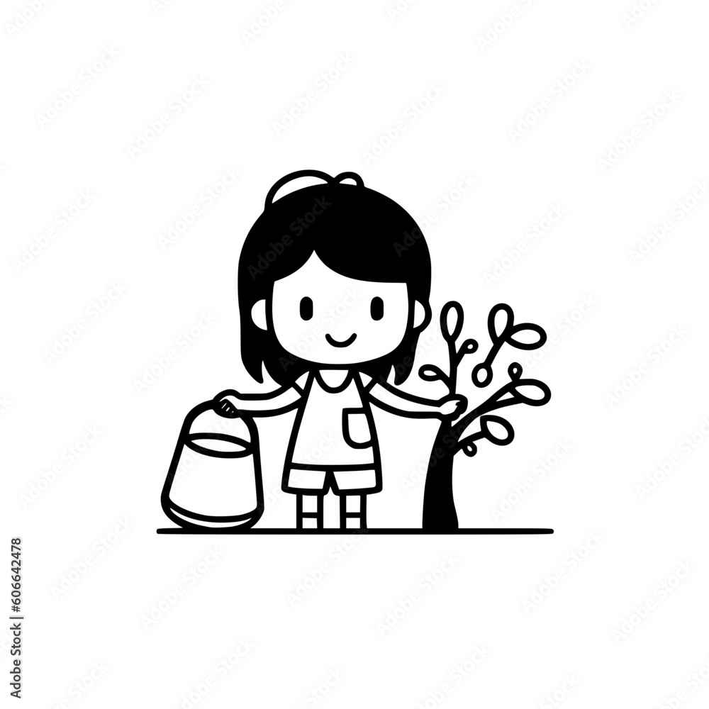 Girl with tree vector illustration isolated on transparent background