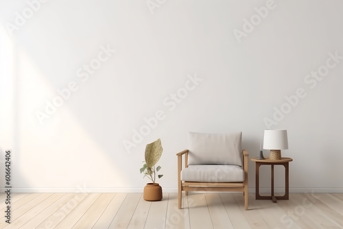 The interior has a armchair on empty blank white wall background, good for photo, art frame template on the wall 