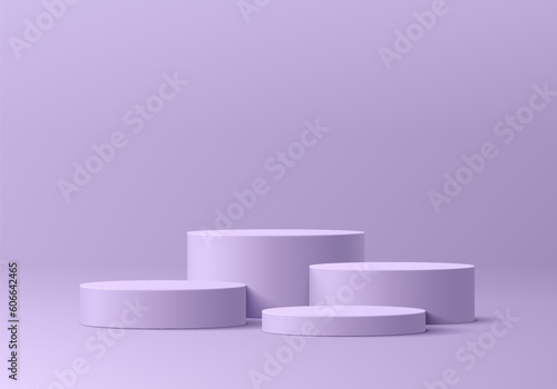 Realistic 3D level purple cylinder pedestal podium background set. Wall minimal scene mockup products stage showcase, Cosmetic banner promotion display. 3D abstract vector empty geometric platforms.