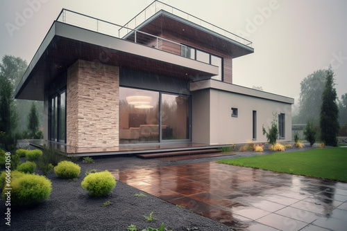 Modern villa design concept with parking space on the front, rainy day mood