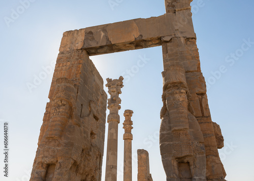 Lamassu at Gate of All Nations seen from east in Persepolis, founded by Darius the Great in 518 BC and capital of ancient Achaemenid Empire, 60 km northeast of Shiraz, Iran. UNESCO World Heritage.